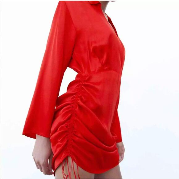 Zara Lipstick Red Satin Finish Mini‎ Dress Adjustable Side Cinching Size XS - Picture 2 of 11